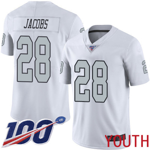 Oakland Raiders Limited White Youth Josh Jacobs Jersey NFL Football #28 100th Season Rush Vapor Jersey->youth nfl jersey->Youth Jersey